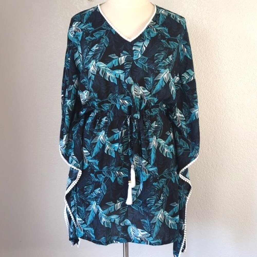 Serra Sz 14/XL Swim Cover Up Navy Tropical Leaf Print Drawstring Waist Kaftan